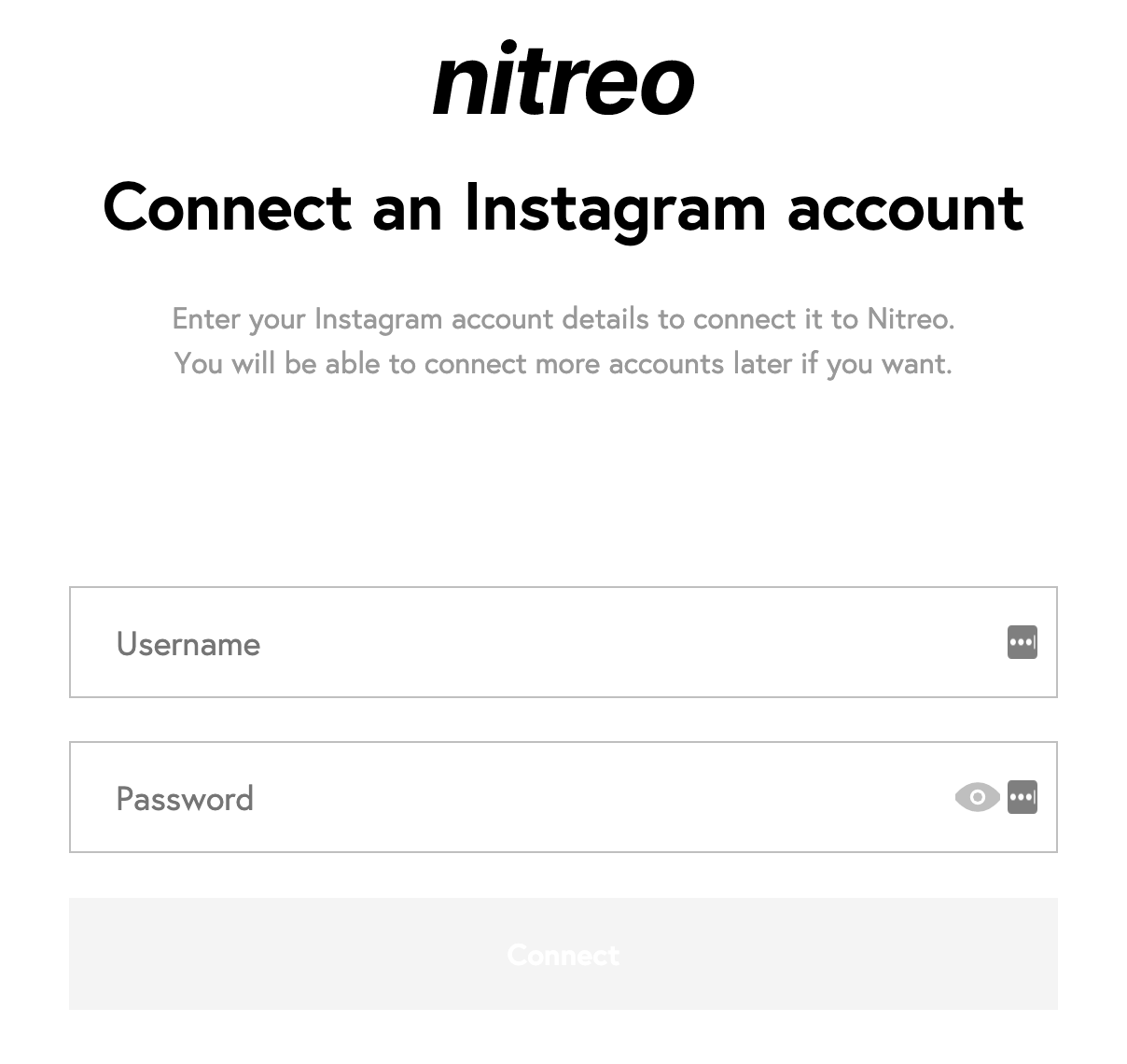 nitreo form to connect an Instagram account