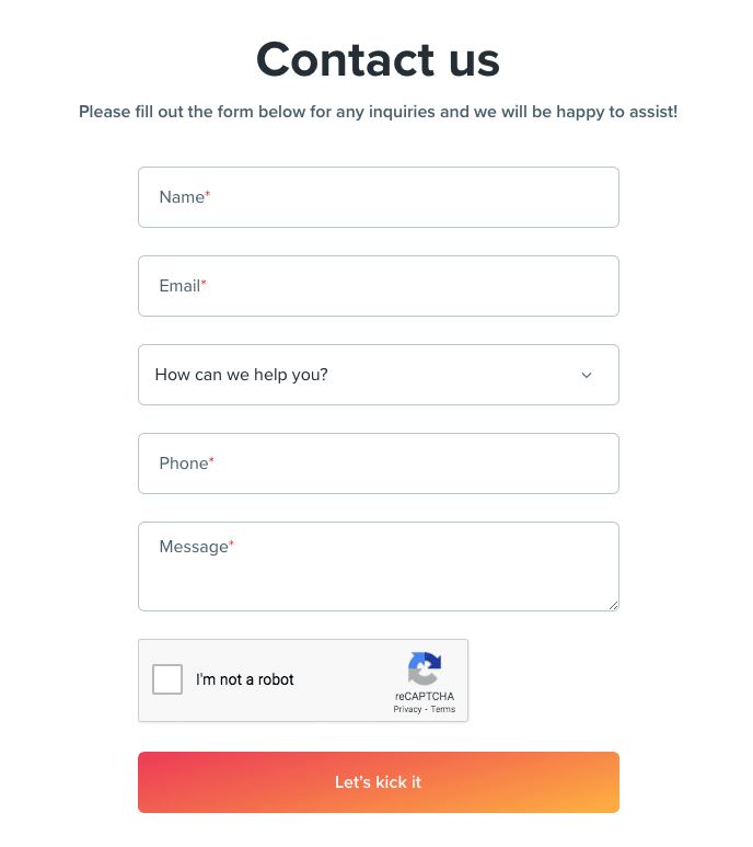 kicksta's contact form on their website